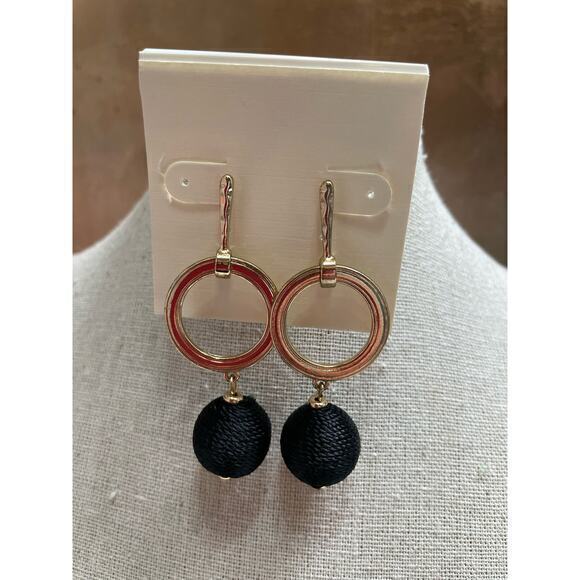 NWT Gold Drop Hoop Earrings w/ Black String Wrapped‎ Dangle Balls - Picture 1 of 6